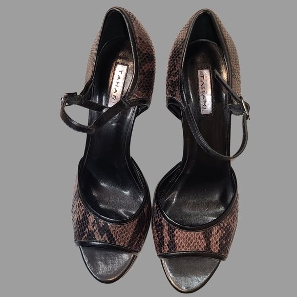 🆕️NWOT Tahari Black&Brown Snake Skin Platform Peep Toe Heel✨️Size 8 - Picture 5 of 8